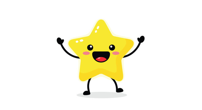 Adorable and shiny yellow star character with a big happy smile and rosy cheeks jumping for joy with its arms raised in the air.