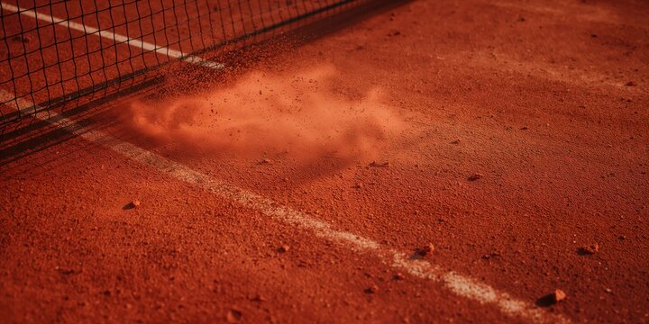 Detailed view of clay court surface with shadows of net on ground, illustrating surface condition management,