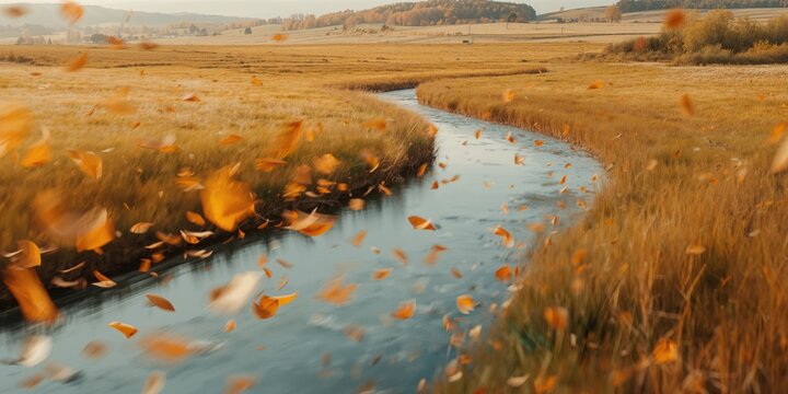 River with out-of-focus flow and falling leaves in autumn, suitable for nature-themed layouts
