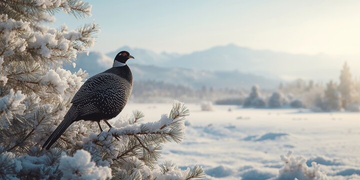 Black grouse resting on a pine limb during dawn, highlighting bird observation