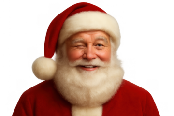 Santa claus winking, smiling, portraying festive christmas cheer and traditional holiday magic on transparent background