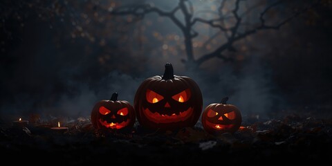 Halloween Jack-o'-lanterns with carved faces and glowing candles creating spooky atmosphere, seasonal celebration