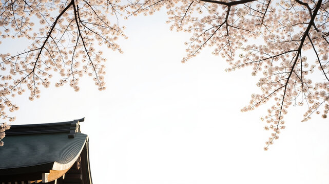 Cherry blossoms framing traditional temple roof under morning sunlight - Powered by Adobe