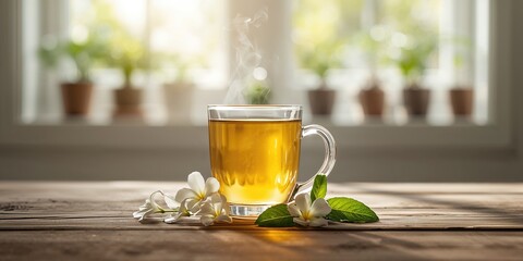 Jasmine tea with flower and leaf, natural ingredients for a calming beverage, World Tea Day