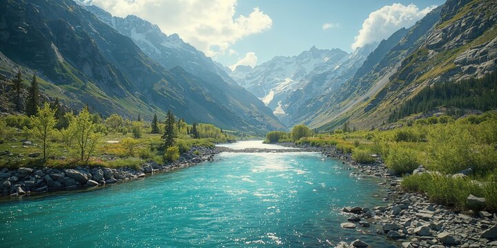 Mountain stream originating from melting glacier, emphasizing natural water sources, Earth Day