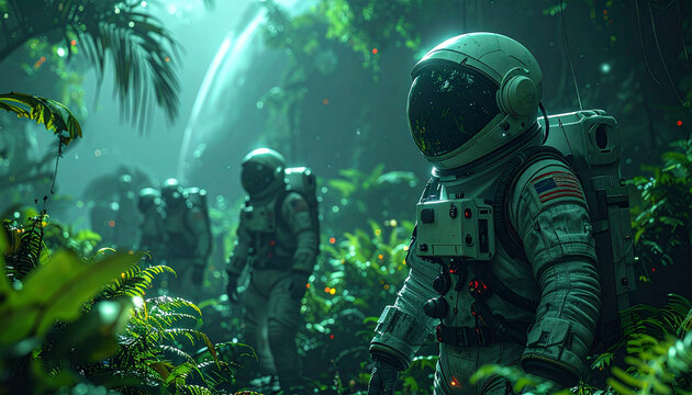 Astronauts explore a lush alien jungle with a mysterious spacecraft in the background. - Powered by Adobe