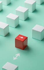 A single red cube with an arrow pointing left, surrounded by white cubes, forming a path