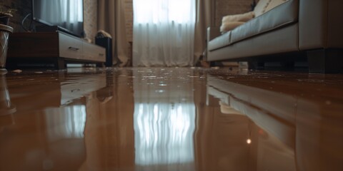 Flooded living room floor showing water damage, highlighting the importance of timely drainage and flood preparedness