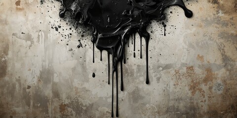 Dark liquid paint melting and dripping on a vintage wall surface, suitable for creative layout backgrounds