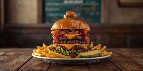 Hearty cheeseburger with onion rings bacon and BBQ sauce alongside fries, highlighting fast food meal composition