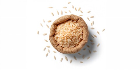 Small brown sack containing Thai rice, suitable as a backdrop for editorial or informational graphics