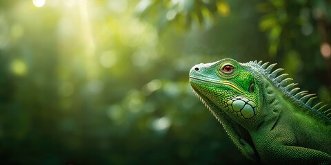 Fototapeta premium Green iguana basking on a rock, natural habitat and reptile behavior, Earth Day