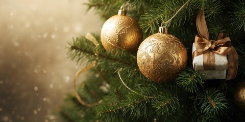Christmas ornaments with a gold motif, a ribbon, and a gift box, arranged for seasonal decoration highlighting celebratory aesthetics, Christmas