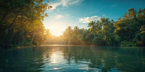 River scene bathed in afternoon sun among Bay Mau Coconut Jungle, suitable as a nature background, Earth Day