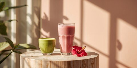 Minimalist restaurant setting with a transparent glass holding a pink rose milkshake and a matcha latte, beverage presentation and aesthetic appeal