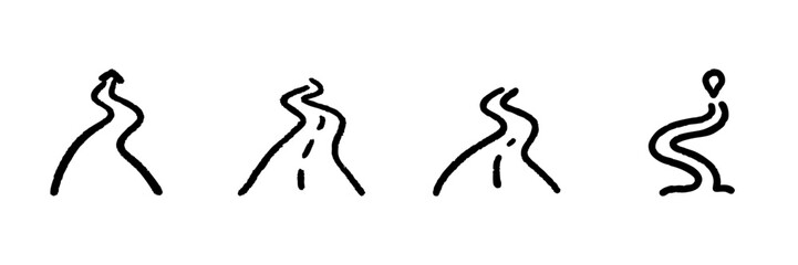 Obraz premium Curved Road And Pathway Line Icon Set In Doodle Style. Journey, Navigation, And Travel Route Outline Sketch Collection. Direction And Adventure Symbols. Hand Drawn Isolated Vector Illustration