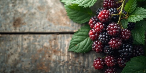 Blackberry fruits hanging from a branch with lush green foliage, natural ripening process