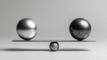 Metal spheres balanced on narrow beam representing equilibrium, stability, fairness and balance concept in abstract minimal composition
