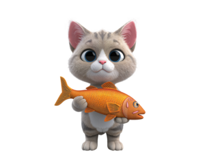 Adorable cartoon kitten holding a vibrant orange fish showcasing large expressive eyes on transparent background