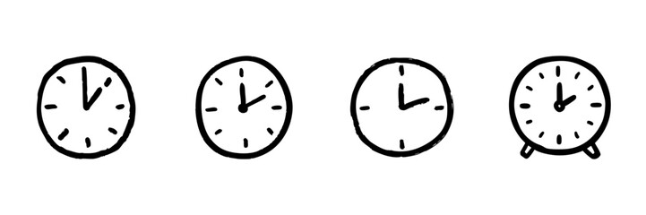 Clocks Line Icon Set In Doodle Style. Time Management, Scheduling, And Punctuality Outline Sketch Collection. Hand Drawn Isolated Vector Illustration