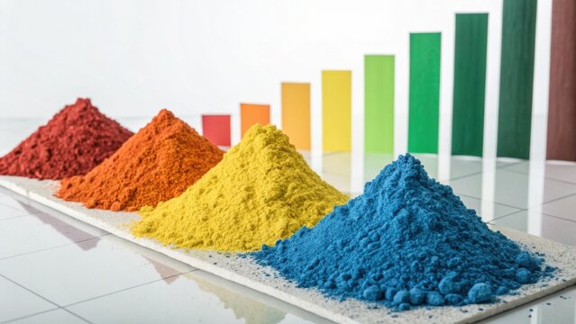 Colorful piles of powdered pigments arranged in a line, with a gradient of colors in the background, creating a vibrant and artistic visual display.