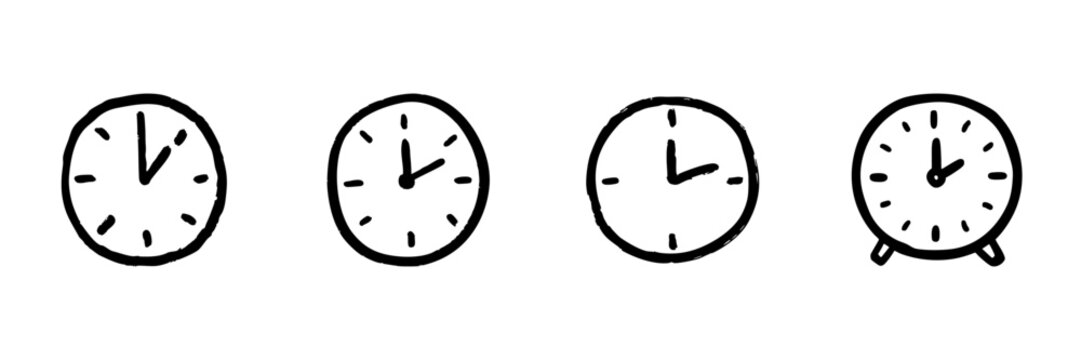 Clocks Line Icon Set In Doodle Style. Time Management, Scheduling, And Punctuality Outline Sketch Collection. Hand Drawn Isolated Vector Illustration