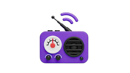 Cute Purple 3D Vintage Radio with Antenna Sending Waves on a Transparent Background