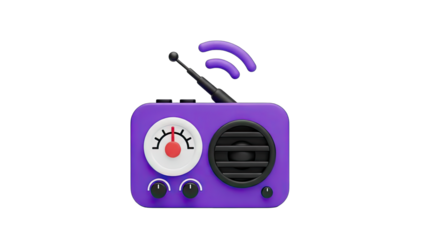 Cute Purple 3D Vintage Radio with Antenna Sending Waves on a Transparent Background