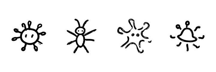 Obraz premium Abstract Microorganism And Insect Line Icon Set In Doodle Style. Virus, Bacteria, And Bug Representation Outline Sketch. Biological And Microscopic Entities. Hand Drawn Vector Illustration