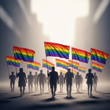 Soft symbolic march with shadowy figures and rainbow banners in gentle lighting, creating a powerful activism theme with deep immersive copyspace.