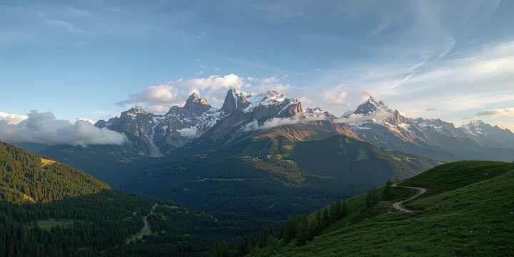 Snow-capped mountain peaks under a clear blue sky, seasonal alpine scenery - Powered by Adobe