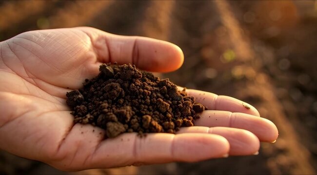 Sustainable Agriculture Crop Rotation: Soil sample held between fingers

