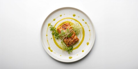 Baked spicy fish served with fresh green frisee on a white background for culinary plating practice