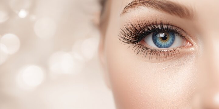 Close-up of a blue eye with lash extensions, detailed eyelash application for beauty enhancement