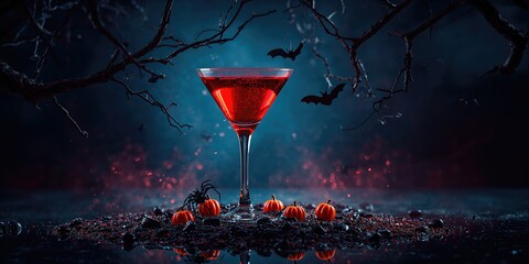 Halloween-themed Bloody martini featuring twisted branches, bats, stones, pumpkin guards, and spiders on a dark blue backdrop