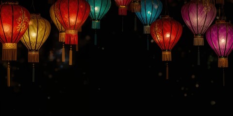 Colorful fabric lanterns with decorative light knives on a black background, used as a festive backdrop for celebration themes