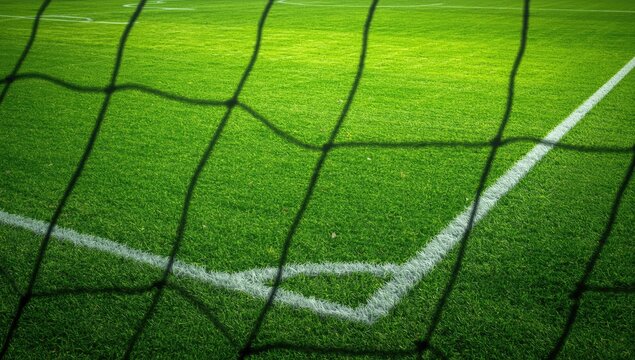Soccer pitch seen from behind the goal net, highlighting sports equipment and field layout