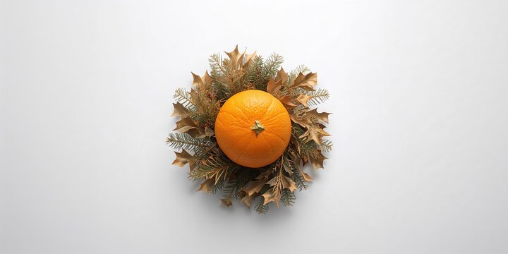 Orange and clove pomander with holly and spruce leaf accents for festive ornamentation, seasonal winter display, Earth Day