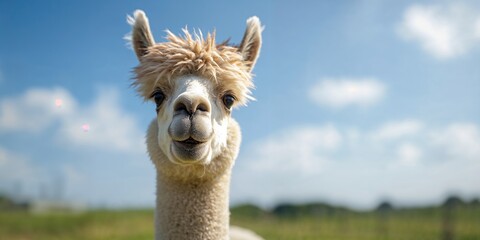Fototapeta premium Close-up of a humorous alpaca face facial features, with a focus on texture and expressions, World Alpaca Day