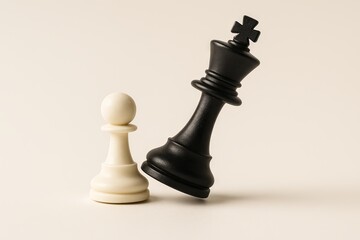Chess pieces illustration: white pawn topples black king for ultimate checkmate scene. concept of strategy, overcoming challenges, and unexpected victory
