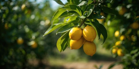 Closeup of ripe lemons hanging on a tree branch, natural fruit harvest for fresh produce, World Food Day