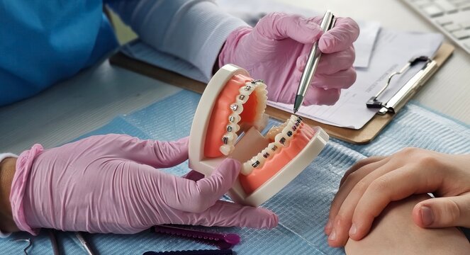 Demonstration of dental braces on a model during an orthodontic consultation