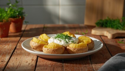 Roasted potatoes with herb-infused cottage cheese spread garnished with chives and dill, healthy protein options