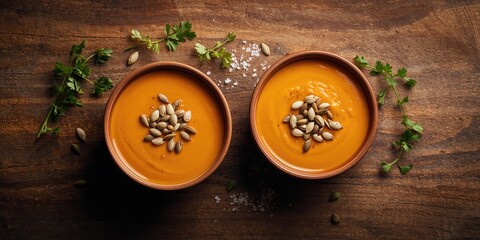 Top-down view of pumpkin soup bowls with seeds on a wooden surface, highlighting autumn cuisine for seasonal awareness