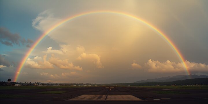 Sunrise creates vibrant rainbow above picturesque scenery near Suai Airport, illustrating atmospheric conditions