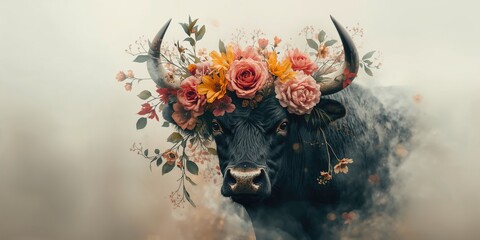 Decorative bulls head with floral accents, a traditional display for festivities
