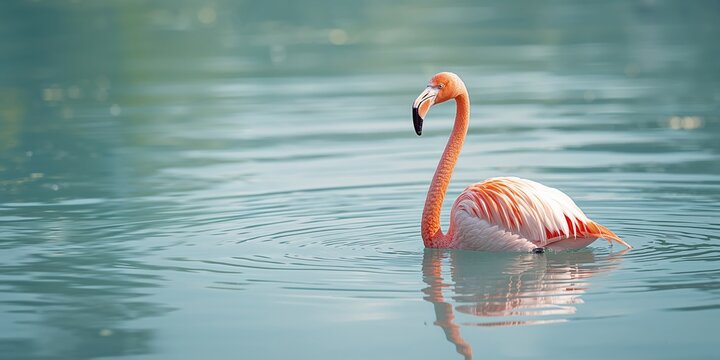 A flamingo wading in a pond with clear reflections, highlighting bird habitat, World Migratory Bird Day - Powered by Adobe