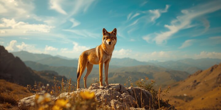 Ethiopian wolf in rugged terrain, highlighting ecological preservation activities