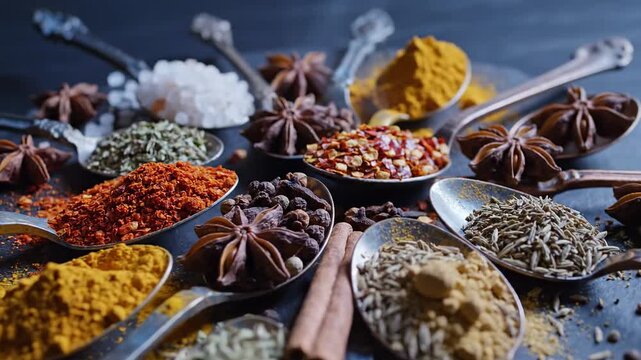 Colorful assortment of spices spread on spoons, vibrant powders and seeds in a rustic display. Extra