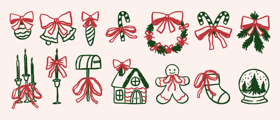 Vintage Christmas vector illustrations set. Whimsical coquette bows holidays clipart. Wreath, candle, stocking, candy cane, gingerbread, snow ball